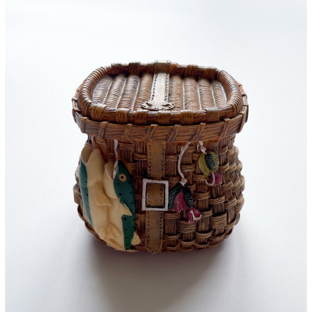 Vintage Ganz Ceramic Fishing Basket Trinket Box Removeable Lid